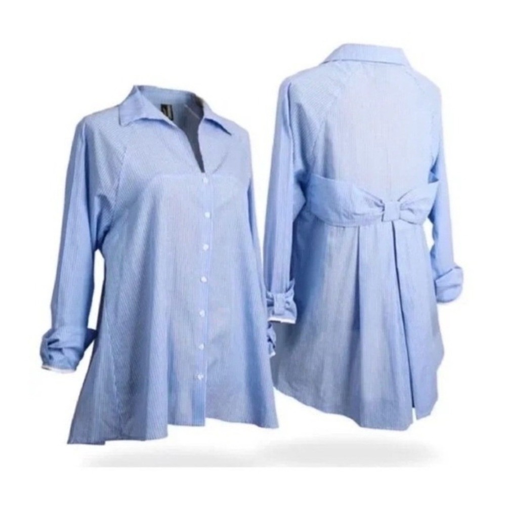 RAVEL Sky Blue Gingham Swing Button Front Blouse Back Bow Women's Medium NEW